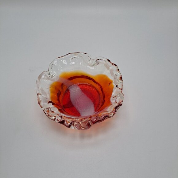 Art Glass Crimped Ruffled Edge Red Orange Clear Bowl Ashtray - Picture 2 of 6